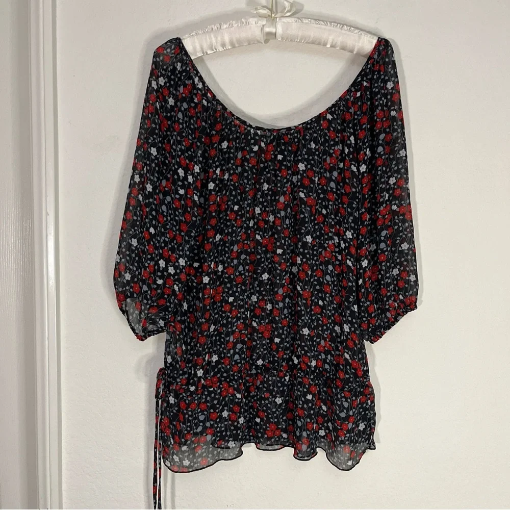 Pure Energy Navy Blouse Red White Blue Floral Shirt Flowy Top Target Plus Sz 1X - Picture 7 of 11